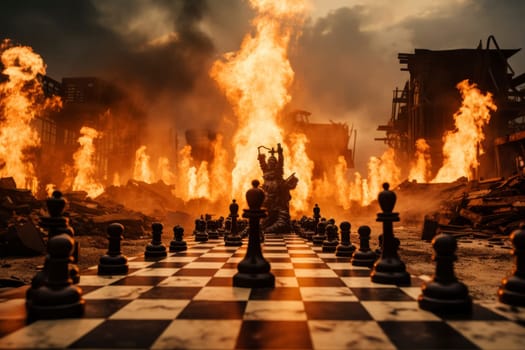 Dramatic apocalyptic scene of a chess game, with raging fires and ruins in the background.
