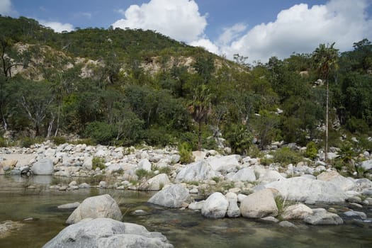 river creek white stones in san dionisio in sierra de la laguna baja california sur mexico panorama
