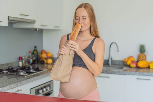 Pregnant woman eating bread in the kitchen. Exploring the impact of gluten during pregnancy: understanding the potential benefits and risks for maternal health and fetal development.