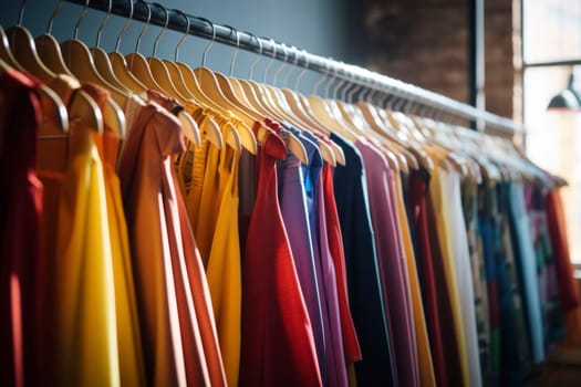 Vibrant clothing collection on a rack.