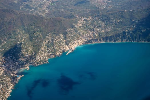 Camogli village in The Natural Park of Portofino, Liguria, Italy. aerial view from airplane before landing in Genoa