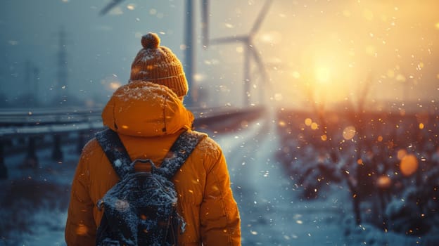 Solar panels covered in snow in a solar field don't produce any power. Wind turbines for power production are seen on the horizon.