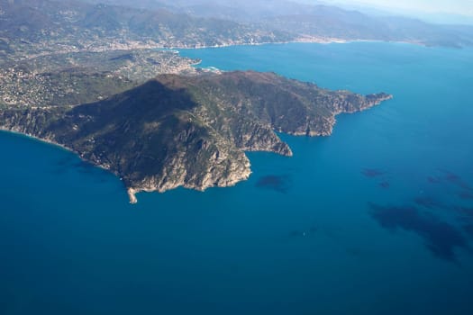 The Natural Park of Portofino, Liguria, Italy. aerial view from airplane before landing in Genoa