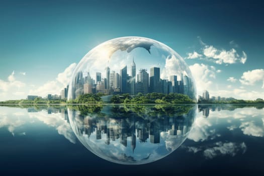 Conceptual image of a sustainable, futuristic city encapsulated within a transparent globe, reflecting on water.