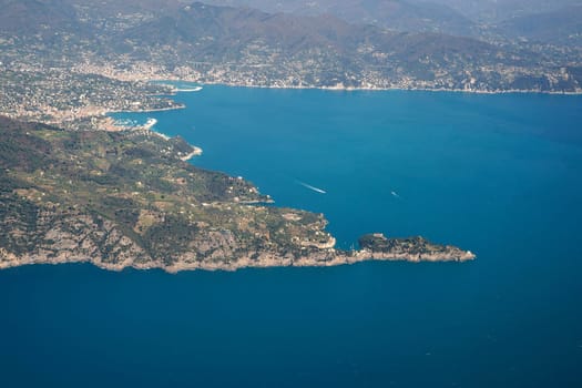 The Natural Park of Portofino, Liguria, Italy. aerial view from airplane before landing in Genoa