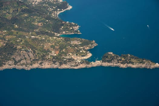 The Natural Park of Portofino, Liguria, Italy. aerial view from airplane before landing in Genoa