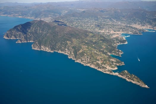 The Natural Park of Portofino, Liguria, Italy. aerial view from airplane before landing in Genoa