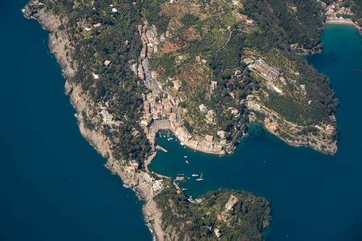 The Natural Park of Portofino, Liguria, Italy. aerial view from airplane before landing in Genoa