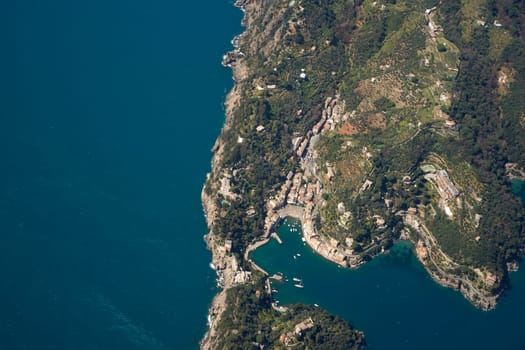 The Natural Park of Portofino, Liguria, Italy. aerial view from airplane before landing in Genoa