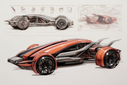 Detailed concept sketches of a futuristic vehicle design lay spread out, showcasing the creative process. The intricate drawings reveal a sleek, innovative car with annotations