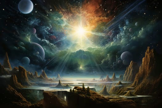 An epic digital art depiction of a fantasy extraterrestrial landscape with multiple moons, radiant sunlight, and dramatic rock formations.