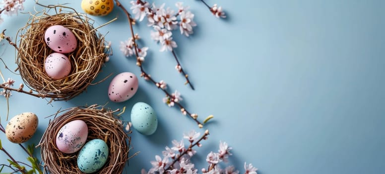 Easter Eggs Nestled in Straw on Pastel Blue Background.