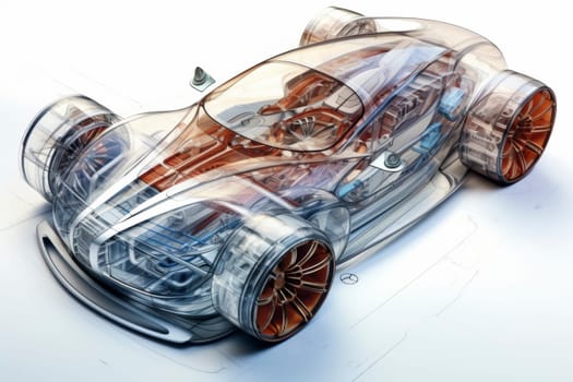 An artistic rendering of a car with a transparent body, showcasing the intricate details of its interior and mechanical parts. The drawing merges technical precision with a sense of motion and innovation