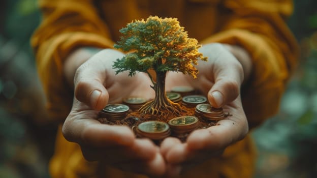 The concept of eco-business investment. Green business growth. A man holding a coin with a tree growing on the stack of money coins. Finance sustainable development. Increase of renewable energy.