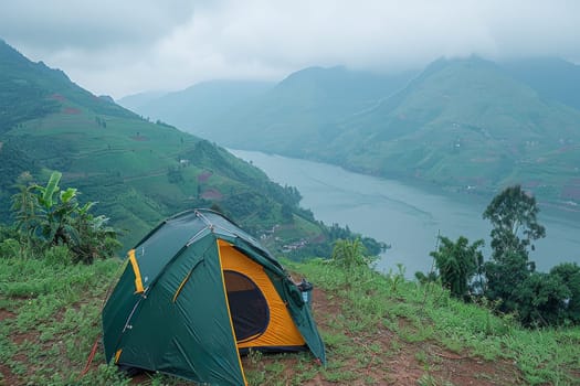 Camping tent, Nature travel concept. generative AI.