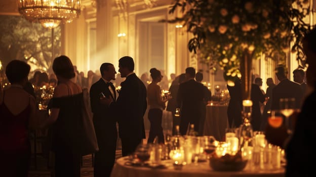 An elegant evening event, people in formal attire, beautifully decorated venue, capturing the essence of a sophisticated gathering. Resplendent.