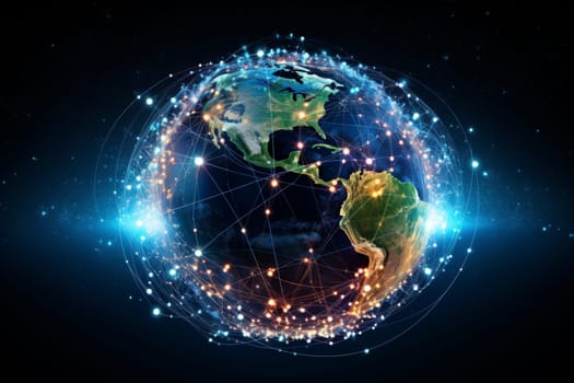 Glowing network nodes over Earth. Global communication and international networking concept. Digital technology and data exchange worldwide
