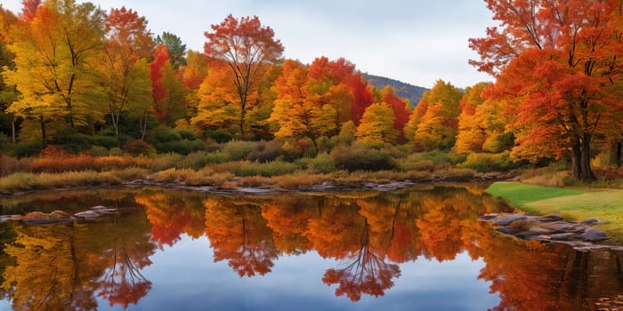An inviting autumn scene, a tranquil lake, and a majestic trees. Generative AI.