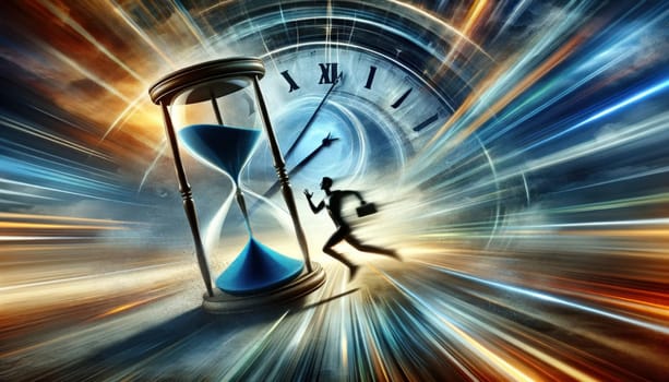 Rush Against Time with Hourglass and Silhouette of a Running Person.