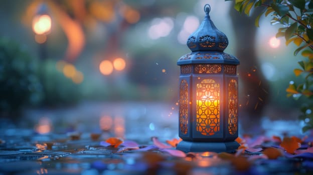 Inviting you to the Muslim holy month of Ramadan Kareem with an ornamental Arabic lantern and a burning candle.