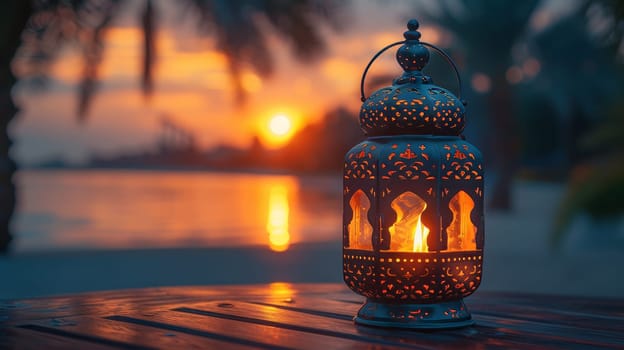 Decorative Arabic lantern with burning candle glowing at night during Ramadan Kareem