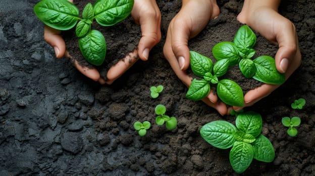 The plant, soil, and teamwork of a team of business people for support, earth, or environment. Collaboration, growth, and investment with closeups of employees for sustainability, collaboration, or