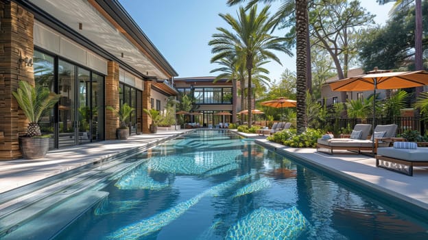 Modern buildings in Florida, USA, with swimming pools, trees, and chairs. Urban landscape with blue reflecting pools, city architecture, and picturesque surroundings.