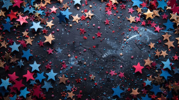 High angle view of empty space surrounded by red, white and blue star-shaped confetti on white isolated background.