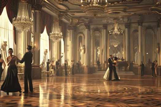 An art deco inspired ballroom from the 1920s, with elegant dancers and lavish decor. Resplendent.