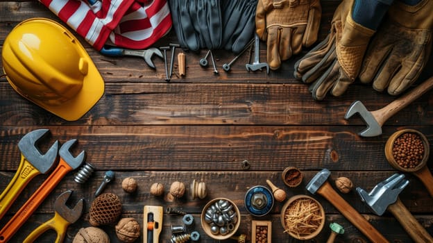 This Labor Day promotion portrays an American flag, screwdriver, pipe wrench, hammer, screws, nuts, gloves, dowel nail, helmet on a plywood surface.