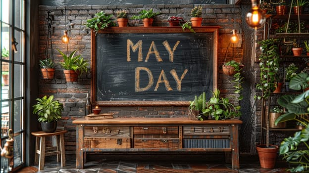 On May 1, a small chalkboard with the text Labor Day is displayed. International Workers' Day is celebrated on May 1.