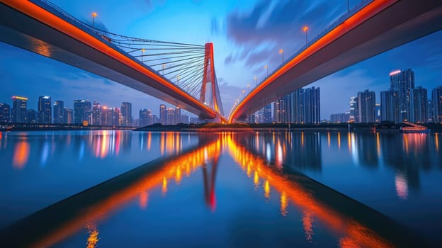 Panoramic twilight view over a sleek modern bridge with city architecture reflections. Resplendent.