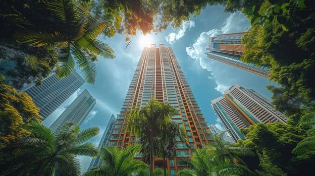 Taking a fish eye shot of the skyscraper of Garden City in Singapore from a low angle