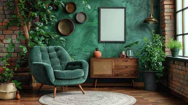 Stunning living room interior design featuring mockup poster frame, modern frotte armchair, wooden commode and stylish accessories. Eucalyptus green wall. Template. Copy space.