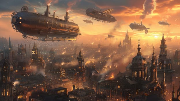 Fantasy steampunk airships float amongst clouds against a dramatic sunset backdrop, evoking adventure and exploration. Resplendent.