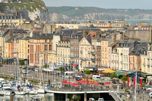 DIEPPE, FRANCE - MAY 12, 2022: Top view from above to the city of Dieppe and alabaster coast