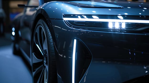 A close-up of a sleek black luxury sports car's headlight, showcased in the reflective ambiance of a premium car showroom. AIG41