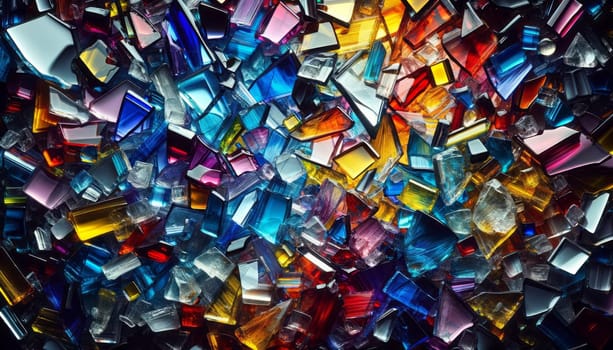 A close-up photography of shattered colored glass pieces. The glass shards display a wide array of colors including blues, reds, purples, yellows, and greens with sharp edges and varying opacity. Light reflects and refracts through the irregular shapes, creating a mosaic of bright and dark areas, and enhancing the colors to appear luminous. The overall composition resembles a chaotic yet beautiful abstract art piece, with the different angles of the pieces contributing to a dynamic texture.