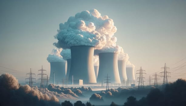 A wide digital illustration depicting a landscape with a nuclear power plant. The power plant has large cooling towers emitting water vapor into the sky, forming massive clouds that blend with the actual clouds. The image has a muted color palette with soft blues and greys, evoking a calm yet somber mood. There are trees and power lines in the foreground, adding to the industrial feel. The atmosphere suggests an early morning with a gentle light casting long shadows and highlighting the contrast between nature and technology.