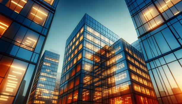 A wide digital illustration of modern office buildings at twilight. The buildings have a sleek, glass facade that reflects the warm orange glow of interior lights, contrasting with the cool blue of the sky. The perspective is angled upward, showcasing the architectural design and geometry of the buildings. Windows are illuminated in a pattern, some bright, some dim, conveying the activity inside. This urban scene captures the essence of city life during the evening transition when buildings light up as the day ends.