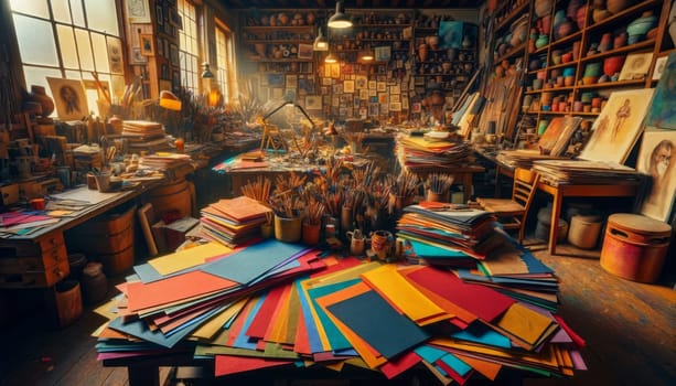 A wide photography of a chaotic artist's studio. The foreground is cluttered with an assortment of vibrant colored paper, sketchbooks, and drawing utensils like pencils and brushes. The paper sheets are in various states, with some neatly stacked and others spread out in disarray, showcasing a range of hues including red, blue, yellow, orange, and pink. The background reveals shelves filled with art supplies, pottery, books, and canvases, suggesting a creative and productive workspace. The image is rich in texture and the warm lighting enhances the sense of an intimate, bustling art environment.