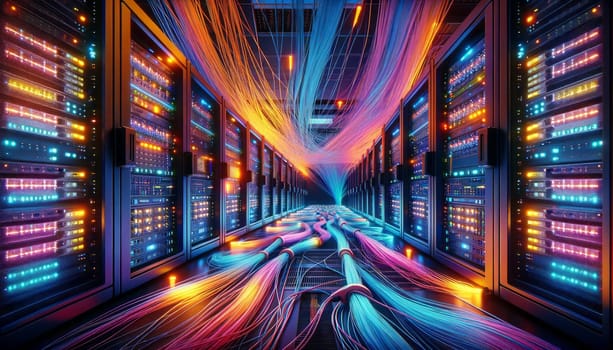 A wide digital illustration of a server room data center with glowing fiber optic cables. The scene is lit with neon colors, predominantly in shades of blue, orange, and pink, highlighting the organized chaos of technology. The racks are filled with various network equipment, servers, and cable management systems. The cables create a pattern of vibrant lines that lead the eye through the composition, while the equipment features intricate details such as LED indicators, ports, and cooling fans. The atmosphere suggests a high-tech, cybernetic environment, buzzing with digital activity.