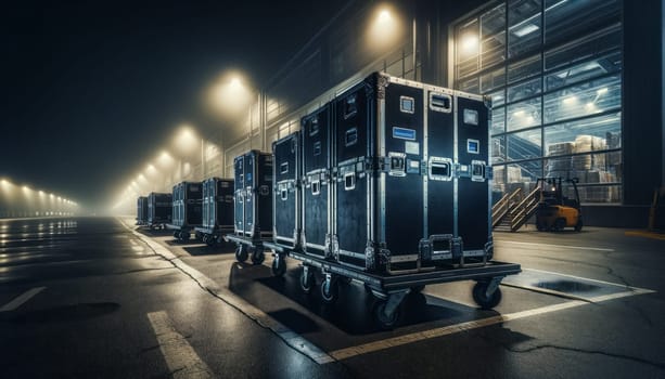 A wide-angle night photograph of a logistic area, featuring large equipment cases on dollies. These cases are black with metal trim, rugged, and heavy-duty, indicating they are ready for loading or just offloaded. The scene is under the harsh artificial lighting from street lamps and building lights, creating deep shadows and a moody atmosphere. In the background, the faint silhouette of a warehouse or event venue is visible, with soft mist or fog enhancing the nocturnal ambience. The ground is made of concrete, reflecting the lights and emphasizing the industrial feel of the setting.