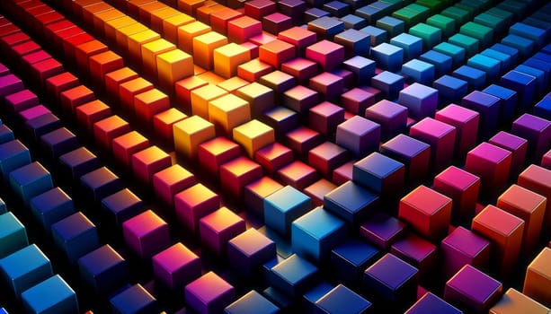 A wide digital illustration of a 3D geometric pattern consisting of cubes arranged in a diagonal grid. Each cube surface has a glossy finish, reflecting light and giving the pattern a shiny appearance. The cubes are colored in a gradient that transitions through the entire spectrum, from deep purples on one end to vibrant reds, oranges, yellows, greens, blues, and finally to dark indigo on the opposite end. The lighting is dramatic and enhances the 3D effect, casting subtle shadows between the cubes and highlighting the edges where the colors meet, emphasizing the transition between hues.