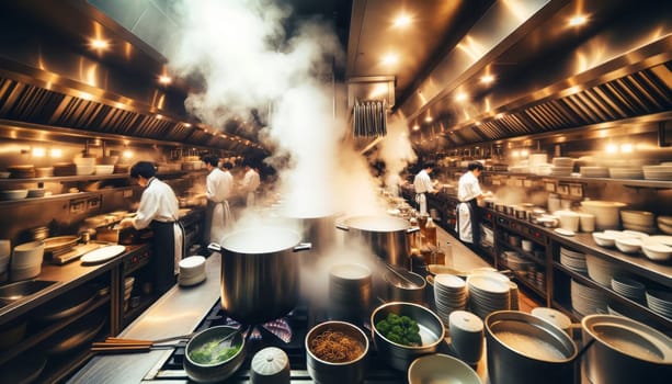 A wide-angle photography capturing the busy atmosphere of a professional kitchen. The focus is on the steam rising from large pots on stoves, with chefs working diligently in the background. The kitchen is filled with stainless steel appliances, and the shelves are stocked with various cooking ingredients and utensils. The lighting is warm and highlights the steam, suggesting heat and the fast-paced environment. The chefs are wearing traditional white uniforms, which stand out against the metallic and wood accents of the kitchen interior.