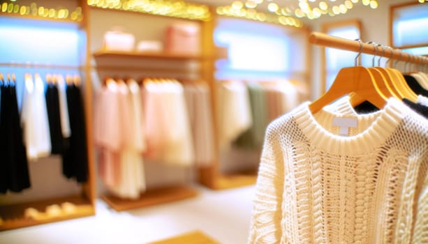 A wide-angle photography of a cozy fashion retail setting. The focus is on a knitted sweater displayed in the foreground, hanging on a wooden hanger. The sweater is off-white with a detailed knit pattern. In the blurred background, there is a clothing rack with various garments in soft pastel colors, creating a cohesive and gentle palette. The ambient lighting is warm and inviting, with bokeh lights that suggest a welcoming atmosphere typical of a boutique. The overall composition conveys a sense of seasonal fashion and comfortable elegance.