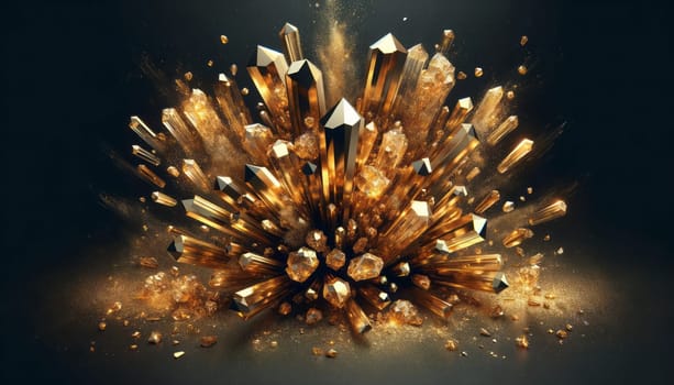 A wide digital illustration of an explosion of golden crystals against a dark background. The crystals vary in size, from small fragments to large, sharply defined shapes, giving a sense of depth and dynamic movement. The scene is lit in such a way that the crystals gleam with bright highlights and deep shadows, creating a luxurious and dramatic effect. Particles of golden dust are scattered throughout, adding to the explosive impact. The overall atmosphere is one of power and opulence, with the dark backdrop accentuating the radiance of the golden crystals.