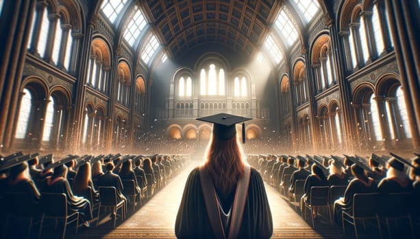 A digital illustration of a graduation ceremony in a grand, historical hall. The image is taken from the back of the hall, focusing on a graduate with long hair wearing a black gown and a mortarboard. The graduate is facing towards the front where other graduates are seated in rows, also in ceremonial attire. Confetti is falling from above, catching the light streaming in from tall, arched windows, creating a celebratory atmosphere. The hall is filled with warm light, illuminating the ornate details of the architecture and the proud moment for the graduates.