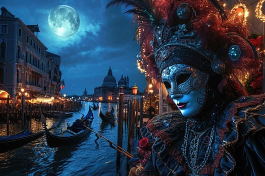 A grand Venetian carnival scene, elaborate masks and costumes, gondolas on the canal under moonlight. Resplendent.