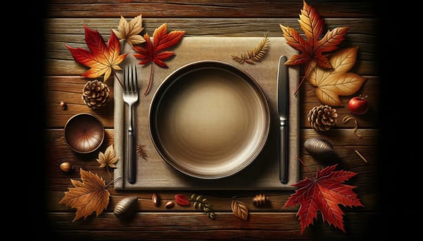 A digital illustration of an autumn-themed table setting. The composition includes a dark wooden table as the background, adding warmth and rustic charm. On the right side, there is a ceramic plate with a beige napkin partially underneath it. On the plate, there's a shiny fork and spoon, suggesting a formal meal. The left side of the plate is adorned with scattered autumn leaves in red, orange, and yellow hues, and some pine cones, adding to the fall atmosphere. The scene is lit to emphasize the textures and colors of the leaves, the sheen on the cutlery, and the natural grain of the wood.
